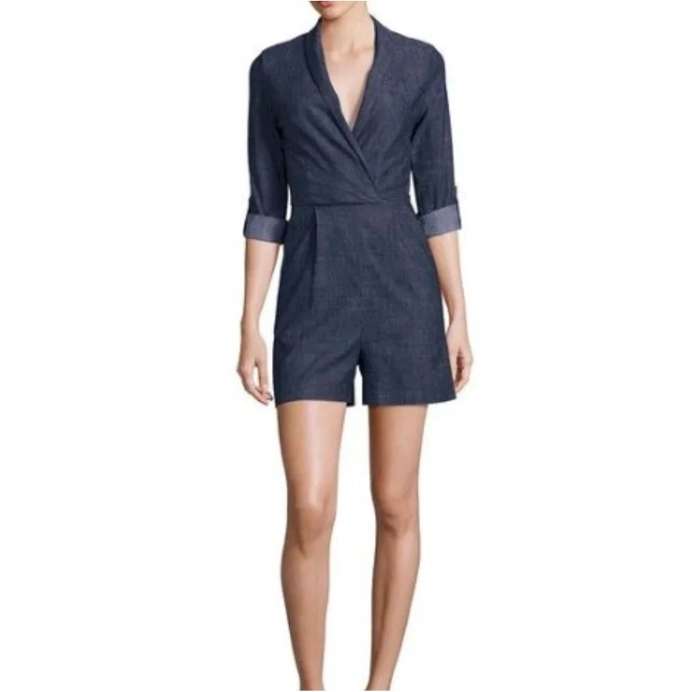 Alice + Olivia Chambray Linen Blazer Romper Jumpsuit Womens 6 Shorts 3/4 sleeves